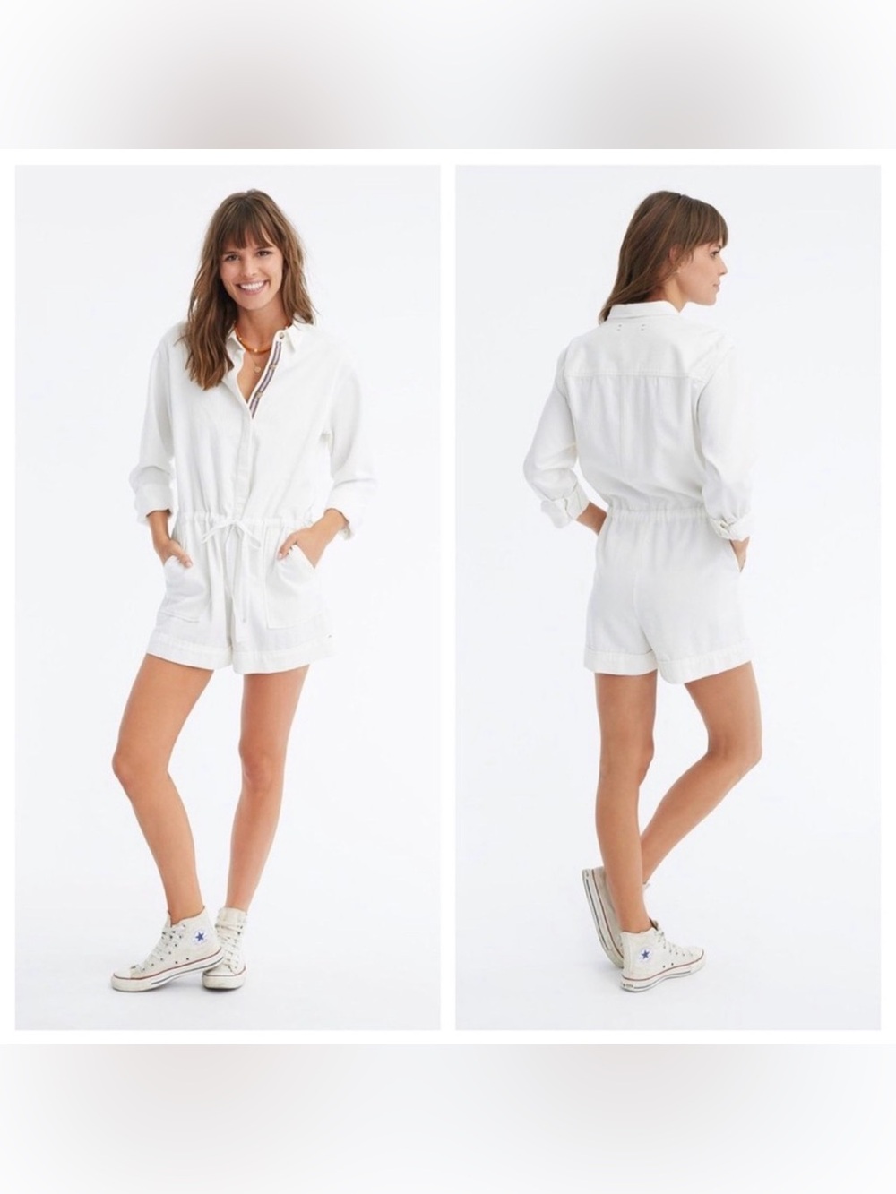 xirena georgie white collared romper waistband tie long sleeve